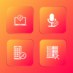 Sticker - Set Laptop service, Microphone, Mobile Apps and Database server icon. Vector