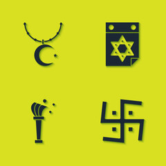 Wall Mural - Set Star and crescent on chain, Hindu swastika, Aspergillum and Jewish calendar icon. Vector