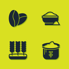 Poster - Set Coffee beans, Bag flour, Wheat and Flour bowl icon. Vector