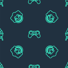 Wall Mural - Set line Gamepad, Clown head and Barbecue grill on seamless pattern. Vector