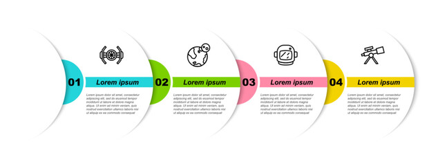 Poster - Set line Cosmic ship, Earth globe, Astronaut helmet and Telescope. Business infographic template. Vector