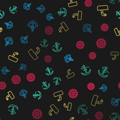 Sticker - Set line Anchor, Periscope and Ship steering wheel on seamless pattern. Vector