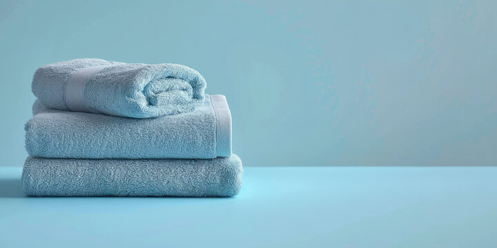 Stack of towels on a table, perfect for promoting hospitality businesses, home decor products, and spa services in web and print.