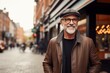 Portrait of a senior man with gray beard wearing eyeglasses and a brown leather jacket walking in the city.