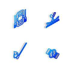 Sticker - Set Isometric line Rafting boat, , Burning match with fire and Compass icon. Vector