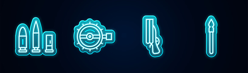 Canvas Print - Set line Bullet and cartridge, Trap hunting, Shotgun and Medieval spear. Glowing neon icon. Vector