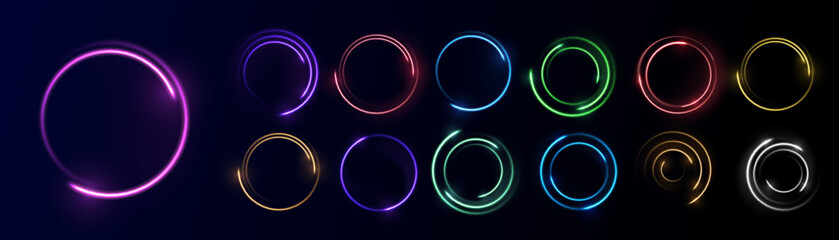 Wall Mural - Neon circle frame on blue background. Glowing neon circle frame. Set of neon glowing circles. Glowing rings on dark background. Vector illustration	