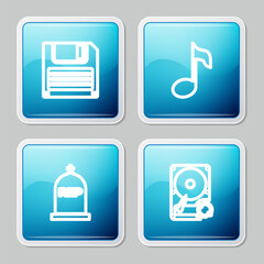 Poster - Set line Floppy disk, Music note, tone, Tombstone with RIP written and Hard drive HDD sync refresh icon. Vector