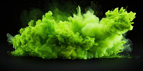 green splash painting on black background, green powder dust paint green explosion explode burst isolated splatter abstract. green smoke or fog particles explosive special effect