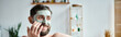 handsome jolly man with beard and face mask chilling in his bathtub, mental health awareness, banner