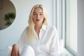 Wall Mural - blonde woman in white attire sits near a window, ai generative
