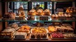 © Marin Zhu - A showcase of freshly baked products such as croissants and donuts, cupcakes and pies.Concept: culinary magazines for cafes and bakeries, blogs about food, baking and confectionery, selling desserts.