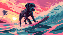 A Playful Rottweiler Puppy Rides The Waves, Creating Lively Splashes In The Ocean. Active Sport, Pink And Blue Colors.  Generative AI