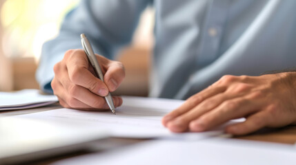 Sticker - A close-up shows a person's hands signing a document on a desk, one hand holding a pen with precision and the other providing stability