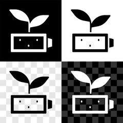 Sticker - Set Eco nature leaf and battery icon isolated on black and white, transparent background. Energy based on ecology saving concept. Vector