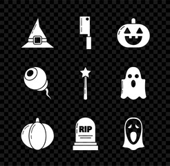 Wall Mural - Set Witch hat, Meat chopper, Pumpkin, Tombstone with RIP, Funny and scary ghost mask for Halloween, Eye and Magic wand icon. Vector