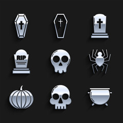 Sticker - Set Skull, Halloween witch cauldron, Spider, Pumpkin, Tombstone with RIP, cross and Coffin christian icon. Vector