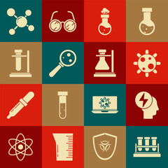 Poster - Set Test tube and flask chemical, Head electric symbol, Bacteria, Microorganisms under magnifier, on stand, Molecule and icon. Vector