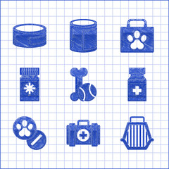 Sticker - Set Pet toys bone rubber and ball, first aid kit, carry case, Dog medicine bottle pills, and Canned food icon. Vector