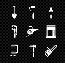 Canvas Print - Set Shovel, Paint roller brush, Trowel, Clamp and screw tool, Claw hammer, Chainsaw, and Leaf garden blower icon. Vector