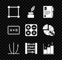 Poster - Set Geometric figure Square, Feather and inkwell, Test or exam sheet pen, Graph, schedule, chart, diagram, Abacus, Chalkboard and Calculator icon. Vector