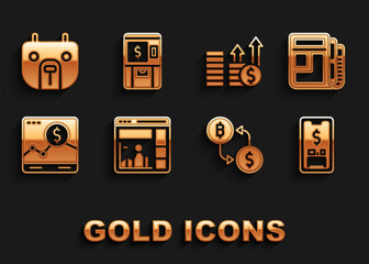 Sticker - Set Website with growth graph, Stock market news, Mobile dollar, Cryptocurrency exchange, Financial and, Bear and ATM money icon. Vector