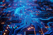 a close-up view of an electronic circuit board illuminated by bright blue lights. The intricate pathways and connections on the surface create a futuristic and technological aesthetics