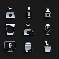 Sticker - Set Whiskey bottle and glass, Cocktail shaker with lime, Champagne in ice bucket, Glass of beer, Alcohol or bar location, Shot, and Tequila icon. Vector