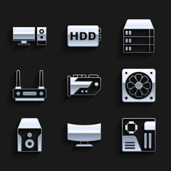 Poster - Set Video graphic card, Computer monitor screen, Motherboard digital chip, cooler, Uninterruptible power supply, Router and wi-fi signal, Server, Data, Web Hosting and icon. Vector