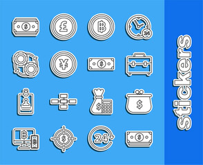 Wall Mural - Set line Stacks paper money cash, Wallet with with dollar symbol, Briefcase, Cryptocurrency coin Bitcoin, Coin Yen, Gear and arrows workflow process concept, and icon. Vector