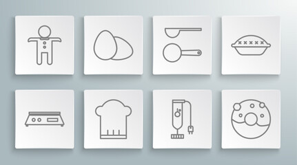 Wall Mural - Set line Electronic scales, Chicken egg, Chef hat, Blender, Donut with sweet glaze, Measuring spoon, Homemade pie and Holiday gingerbread man cookie icon. Vector