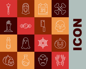 Wall Mural - Set line Spider, Pumpkin, Skull, Calendar with Halloween date 31 october, Candy, Zombie hand, Magic wand and Meat chopper icon. Vector