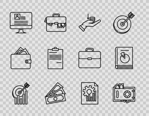 Sticker - Set line Target with graph chart, Safe and money, Money hand, Stacks paper cash, Computer monitor resume, Document, and User manual icon. Vector