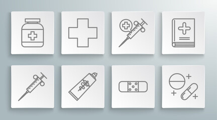 Sticker - Set line Syringe, Cross hospital medical, Ointment cream tube medicine, Bandage plaster, Medicine pill or tablet, Medical syringe with needle, book and bottle icon. Vector