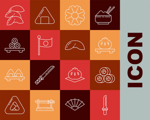 Wall Mural - Set line Japanese katana, Sushi, Dumpling on cutting board, Flower, National flag of pole, Chinese fortune cookie and icon. Vector