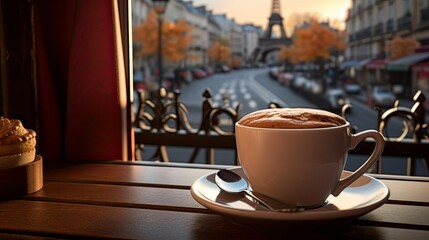 cup of coffee on the terrace with eifel tower background