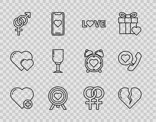 Canvas Print - Set line Heart, Broken heart or divorce, Love text, in the center of darts target aim, Gender, Wine glass, Female gender symbol and Telephone with speech bubble icon. Vector