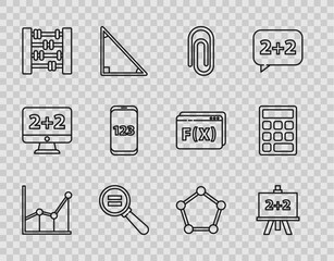 Sticker - Set line Sigma symbol, Calculator, Book with word mathematics, Paper clip, Graph, schedule, chart, diagram, Geometric figure Sphere and Triangle icon. Vector