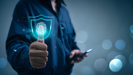 Fototapete - Cyber security network and data protection concept. Businessman using fingerprints to access business information, biometric identification and  digital cybercrime anti-crime technology innovation.