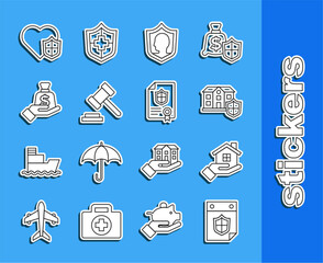 Sticker - Set line Calendar with shield, House in hand, Life insurance, Judge gavel, Money, and Contract icon. Vector