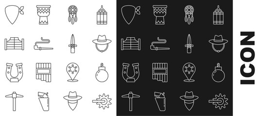 Sticker - Set line Spur, Bomb ready to explode, Western cowboy hat, Dream catcher with feathers, Smoking pipe, Saloon door, Cowboy bandana and Dagger icon. Vector