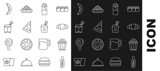 Poster - Set line Hotdog sandwich, Popcorn in box, Croissant, Doner kebab, Slice of pizza, Asian noodles chopsticks, and icon. Vector