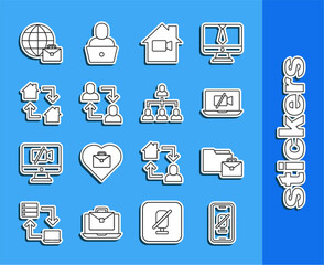 Sticker - Set line Mute microphone on mobile, Online working, Video camera Off laptop, home, Project team base, and Hierarchy organogram chart icon. Vector