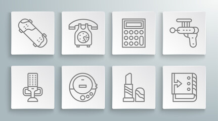 Poster - Set line Microphone, Telephone handset, Music CD player, Lipstick, Sound mixer controller, Calculator, Ray gun and Skateboard trick icon. Vector