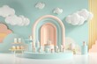 Baby kid toy background. Composition of colorful educational natural wooden toys and geometric shapes podium, platform on pastel color background