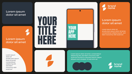 Grid layout app presentation template with smartphone screen.