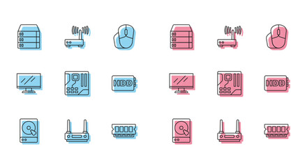 Poster - Set line Hard disk drive HDD, Router and wi-fi signal, Server, Data, Web Hosting, RAM, random access memory, Motherboard digital chip, Computer monitor screen and icon. Vector