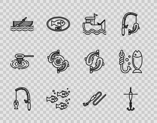 Sticker - Set line Fishing rod and fish, hook float, boat with fishing on water, oars, line and icon. Vector