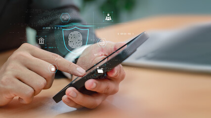 Fototapete - Cyber security network and data protection concept.  Businessmen may access security and identify big data organisations, banks, and cloud computers by using finger scanning.