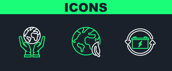 Poster - Set line Battery with recycle symbol, Human hands holding Earth globe and leaf icon. Vector